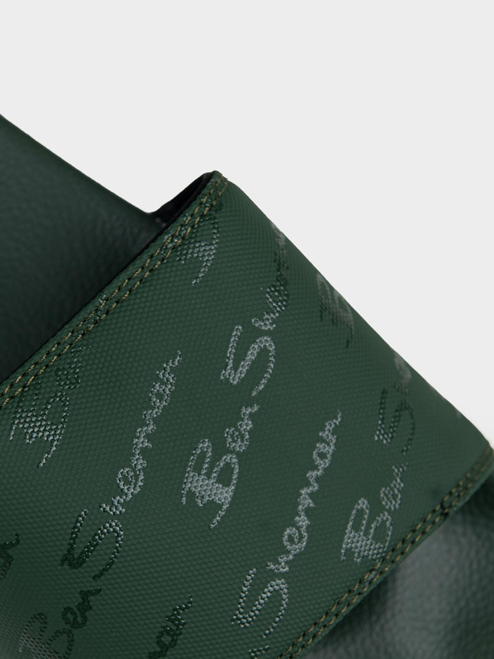 Ben Sherman All Over Script Print Close-Up – Olive Green Slide Strap Detail