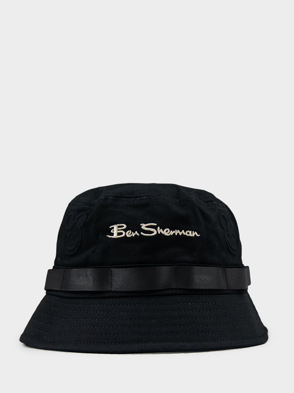 Ben Sherman Bear Embossed Bucket Hat in Black - front view with embroidered logo and tonal band detail