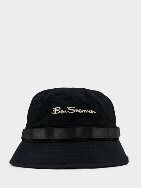 Ben Sherman Bear Embossed Bucket Hat in Black - front view with embroidered logo and tonal band detail