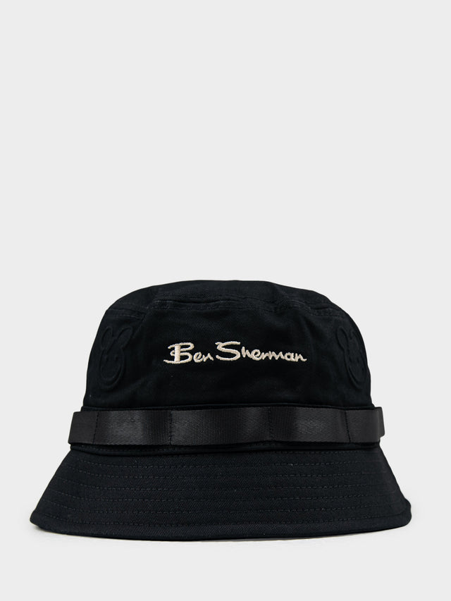 Ben Sherman Bear Embossed Bucket Hat in Black - front view with embroidered logo and tonal band detail