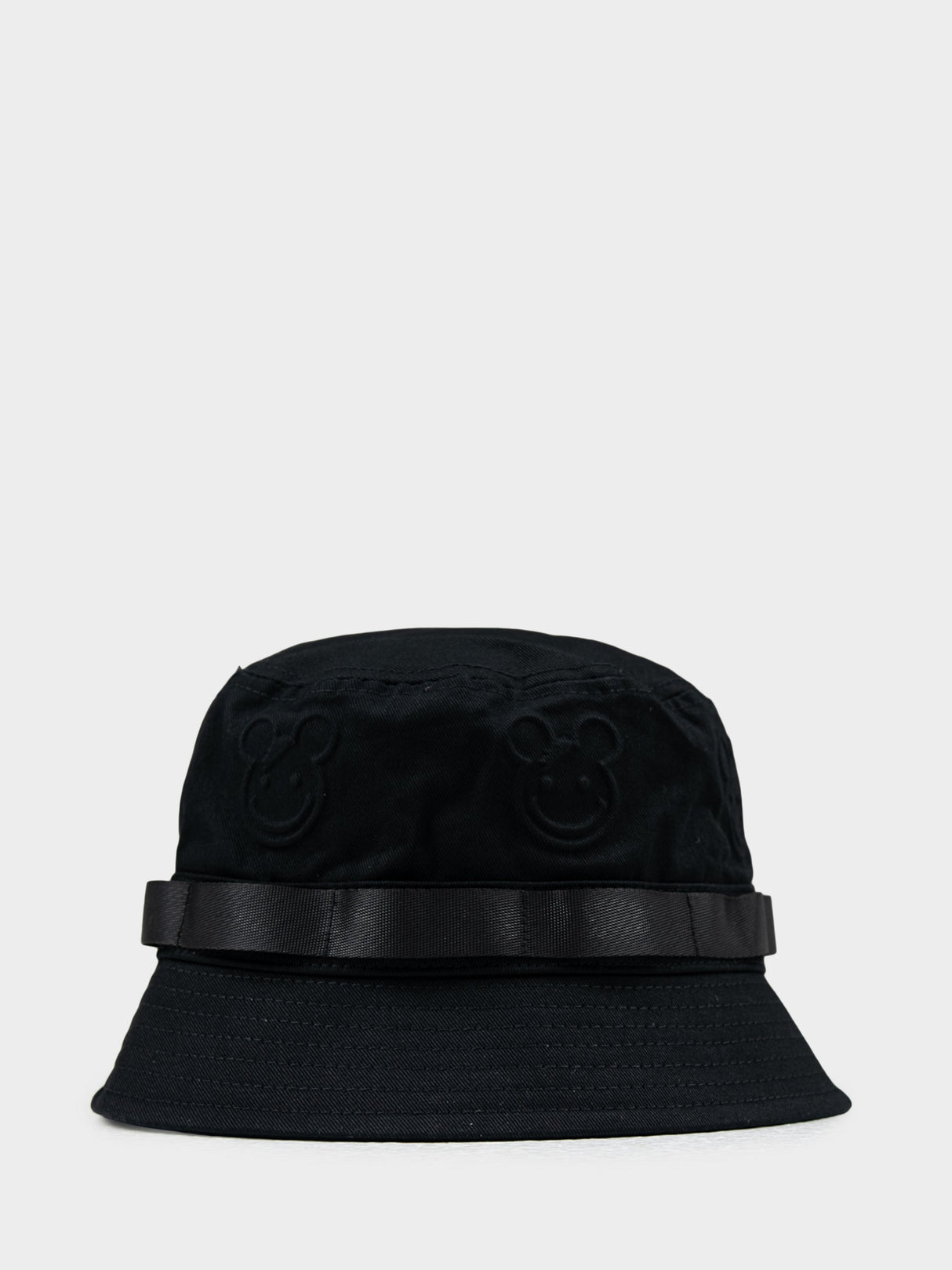 Ben Sherman Bear Embossed Bucket Hat in Black - top view showing all-over tonal bear emboss pattern