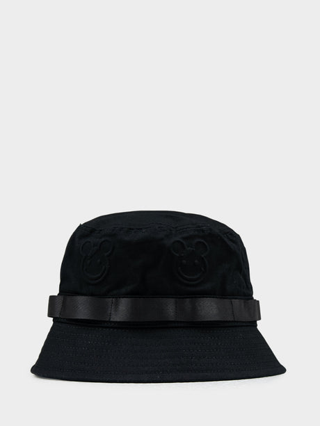 Ben Sherman Bear Embossed Bucket Hat in Black - top view showing all-over tonal bear emboss pattern