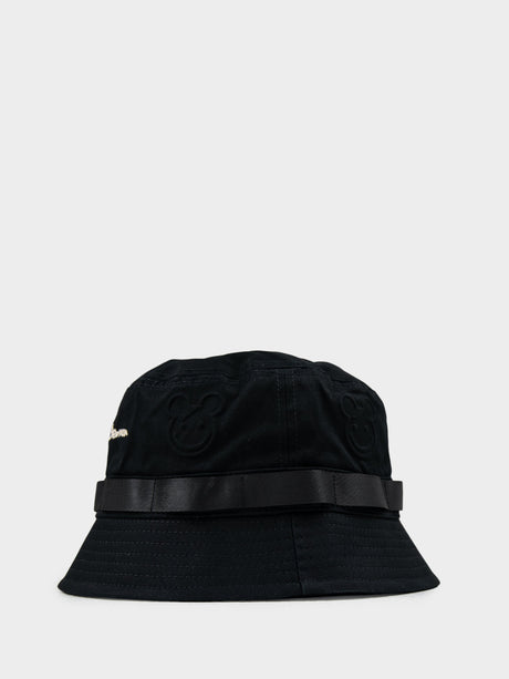 Ben Sherman Bear Embossed Bucket Hat in Black - side view with tonal leather band and bear emboss texture