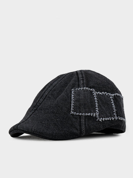 Ben Sherman Denim Dixie Cap in Black - front view, textured black denim flat cap with embroidered panel detailing
