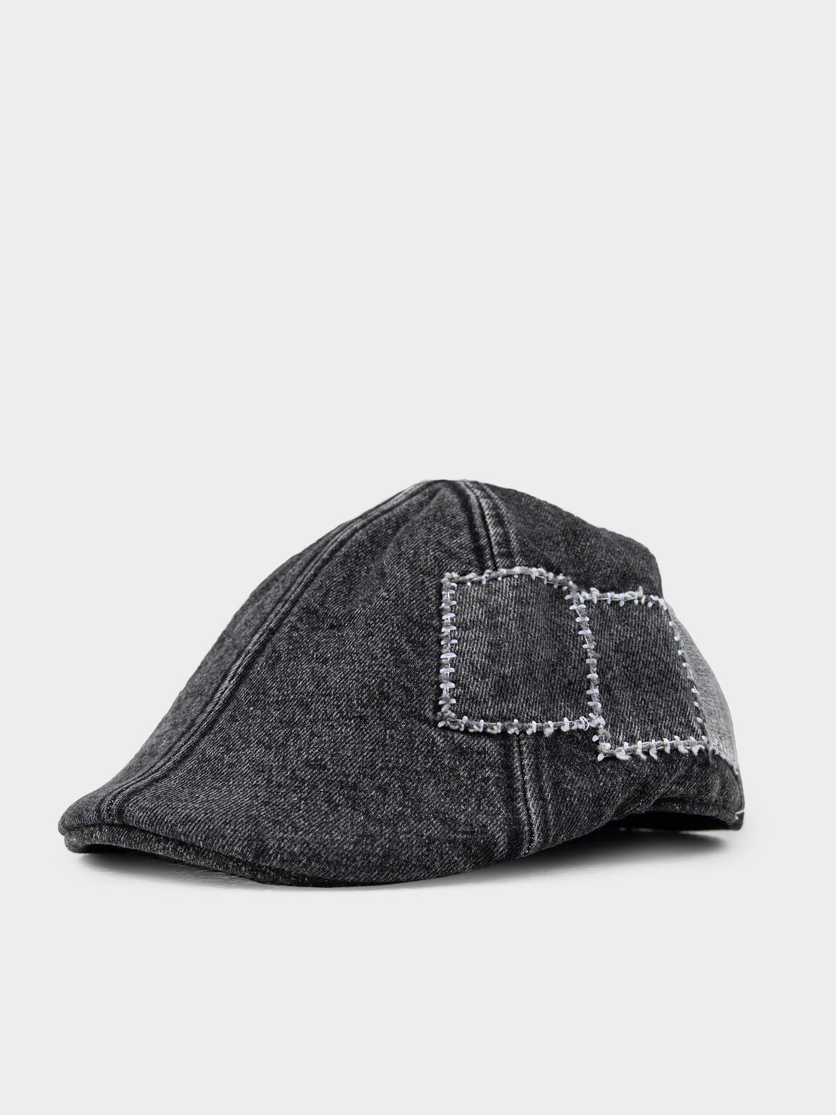 Ben Sherman Denim Dixie Cap in Charcoal - front view, textured denim flat cap with embroidered panel detailing