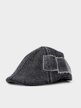 Ben Sherman Denim Dixie Cap in Charcoal - front view, textured denim flat cap with embroidered panel detailing