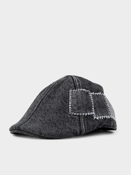 Ben Sherman Denim Dixie Cap in Charcoal - front view, textured denim flat cap with embroidered panel detailing