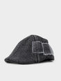 Ben Sherman Denim Dixie Cap in Charcoal - front view, textured denim flat cap with embroidered panel detailing