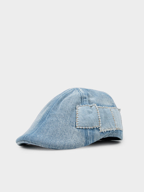 Ben Sherman Denim Dixie Cap in Light Blue - front view, washed denim flat cap with embroidered panel detailing