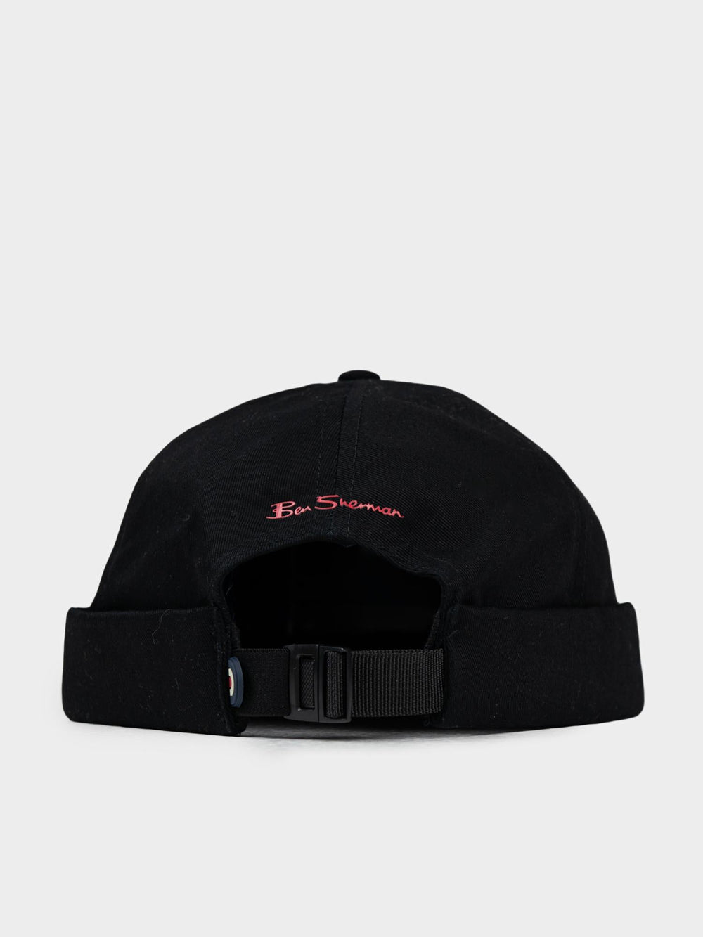 Ben Sherman Docker Hat in Black — back view showing Ben Sherman script detail, cuffed construction and adjustable buckle strap