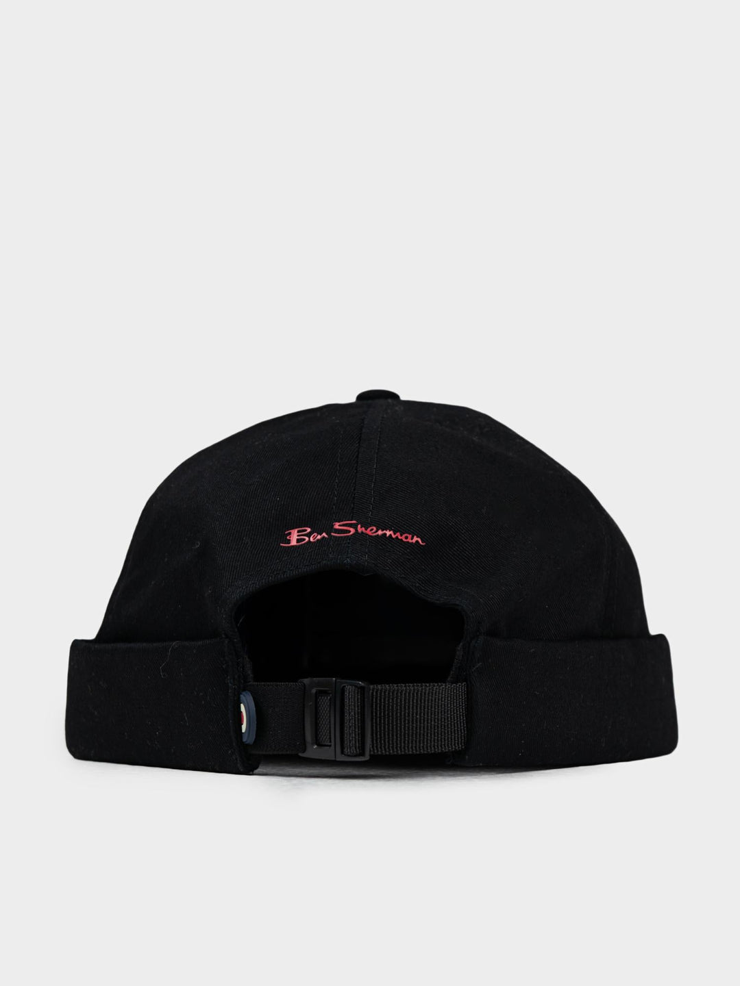 Ben Sherman Docker Hat in Black — back view showing Ben Sherman script detail, cuffed construction and adjustable buckle strap