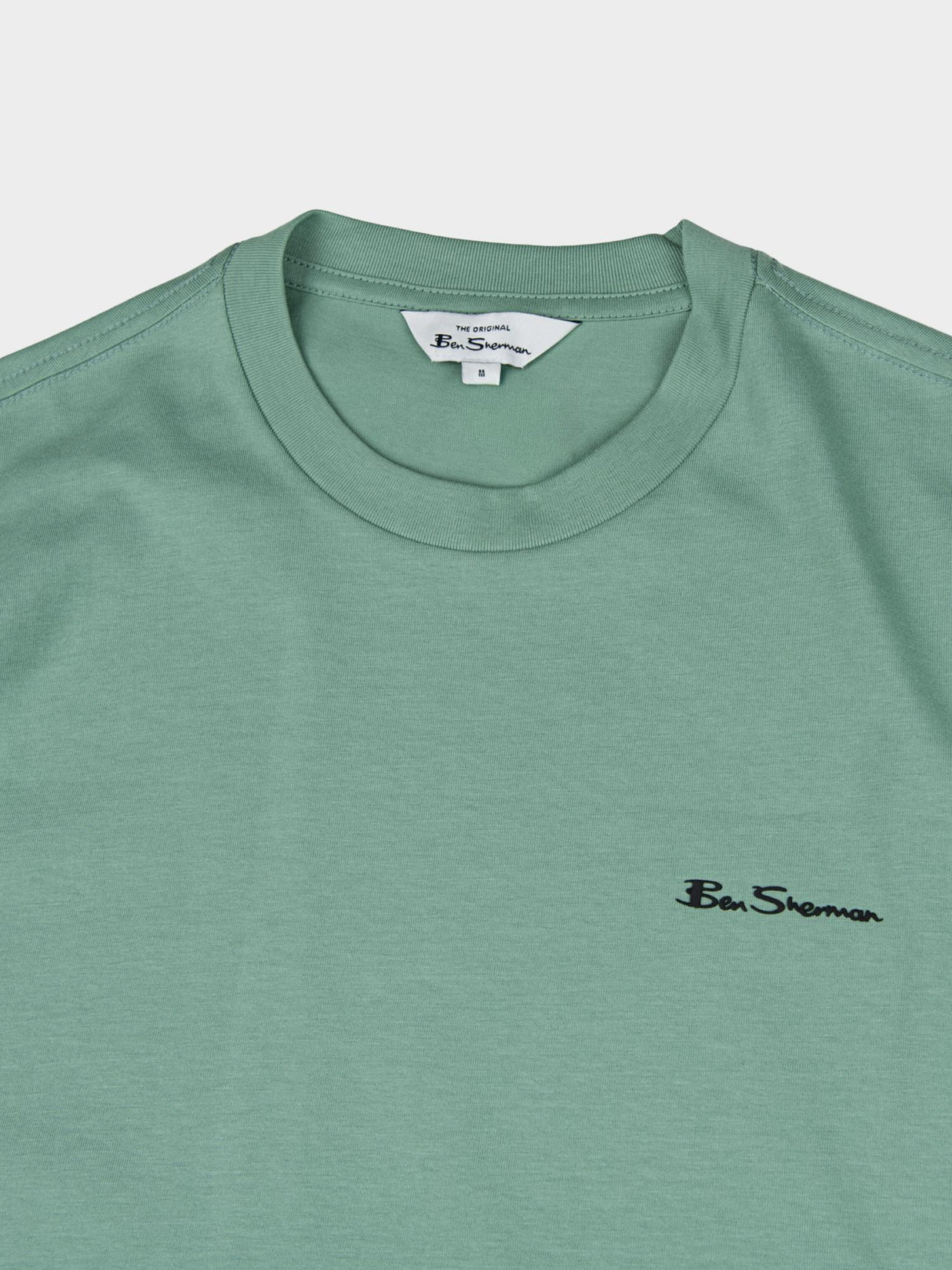 Ben Sherman Faded Mint T-Shirt - Close-up of crew neckline and embroidered Ben Sherman chest logo