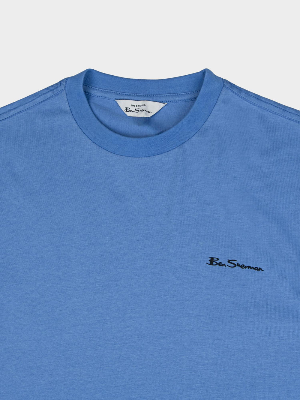 Ben Sherman Harbour Island Blue T-Shirt - Close-up of crew neckline and embroidered Ben Sherman chest logo
