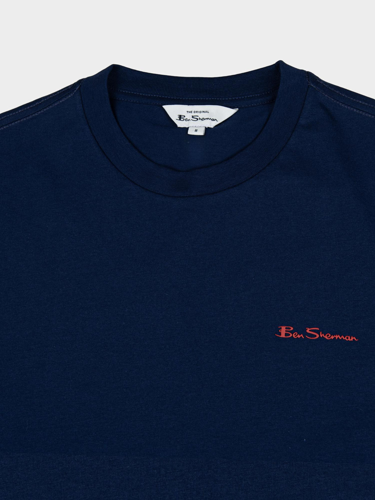 Ben Sherman New Port Navy T-Shirt - Close-up of crew neckline and embroidered Ben Sherman chest logo