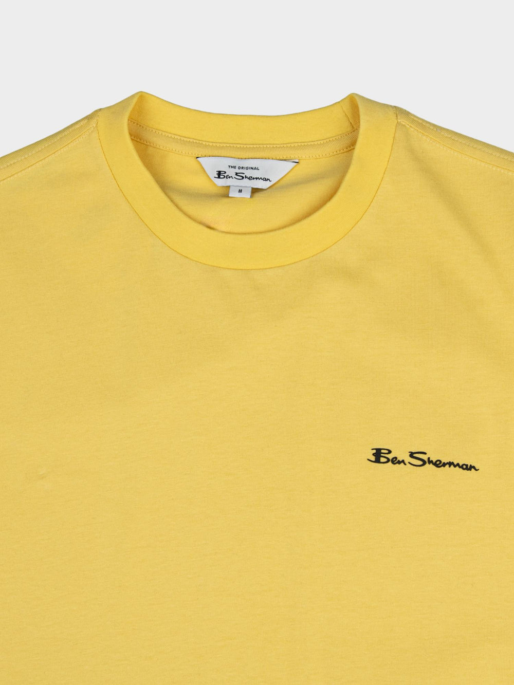 Ben Sherman Oasis Yellow T-Shirt - Close-up of crew neckline and embroidered Ben Sherman chest logo