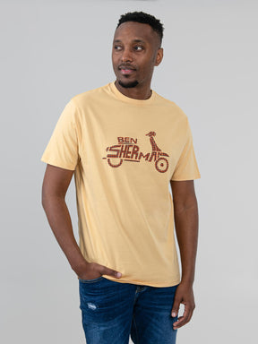 Ben Sherman Brand Scooter Tee in New Wheat - man wearing crew neck graphic t-shirt with bold scooter logo print in wheat yellow