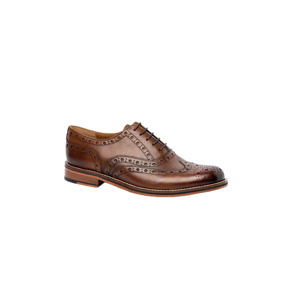 Chapman & Moore chocolate leather brogue shoe, angled side view showing burnished full-grain leather upper and sturdy leather sole