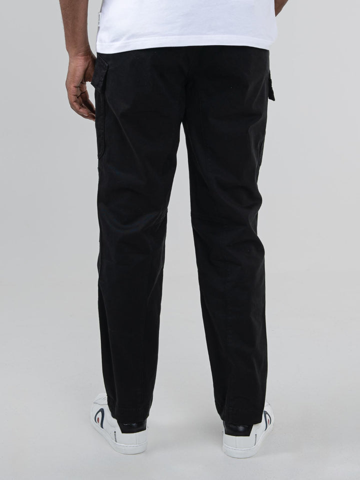 Ben Sherman black cargo pants back view - straight leg fit with zipped side pockets