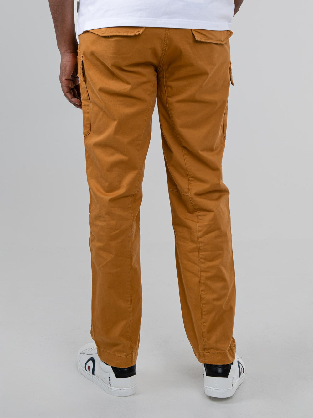 Ben Sherman camel cargo pants back view - straight leg fit with zipped side pockets