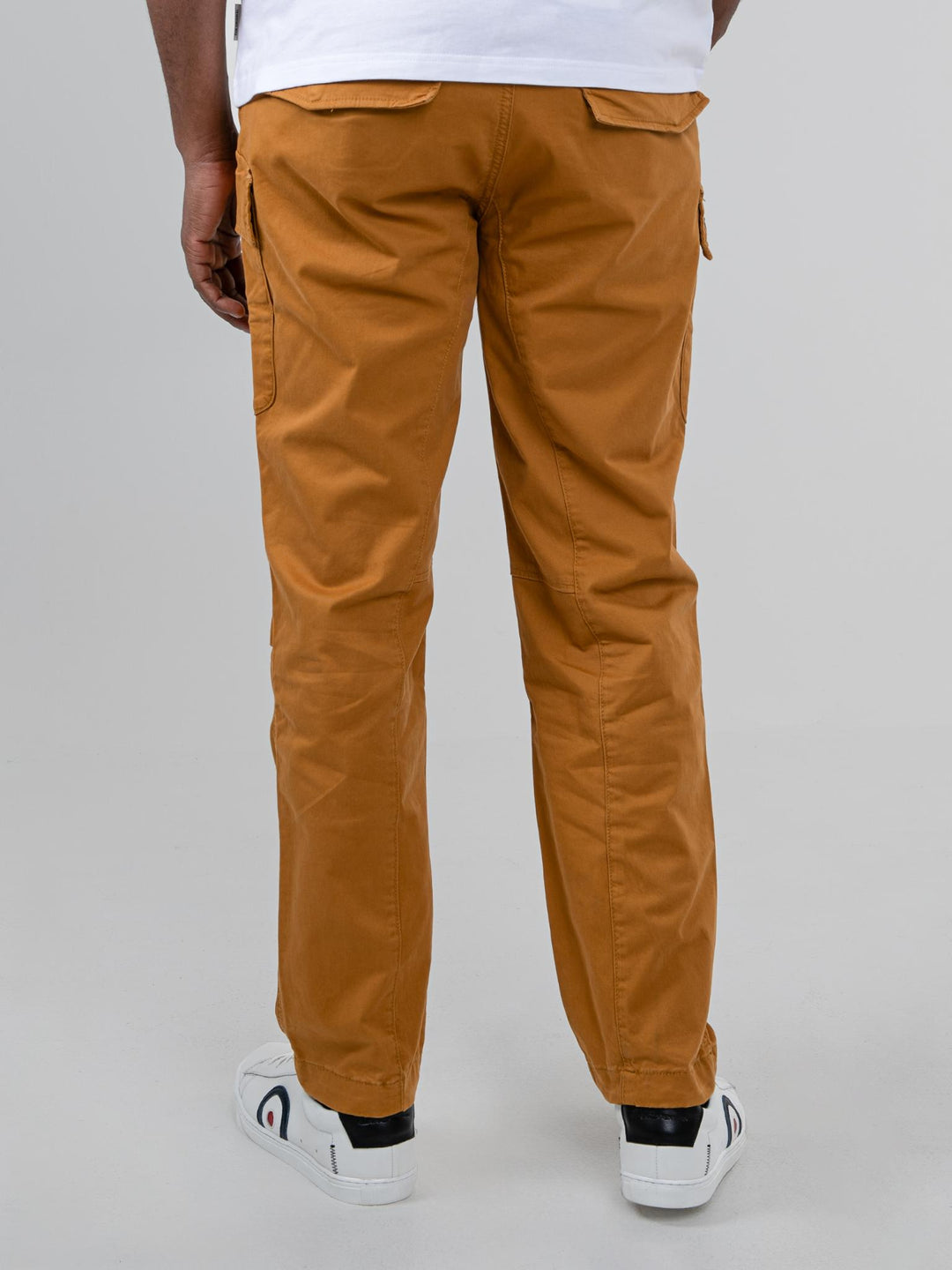 Ben Sherman camel cargo pants back view - straight leg fit with zipped side pockets