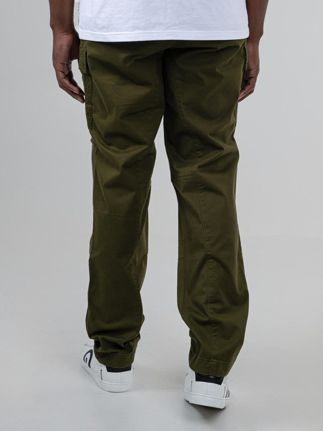 Ben Sherman olive cargo pants front view - straight leg fit with zipped pockets
