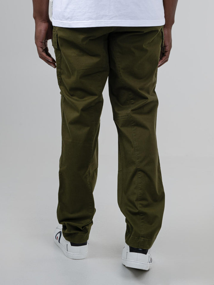 Ben Sherman olive cargo pants front view - straight leg fit with zipped pockets