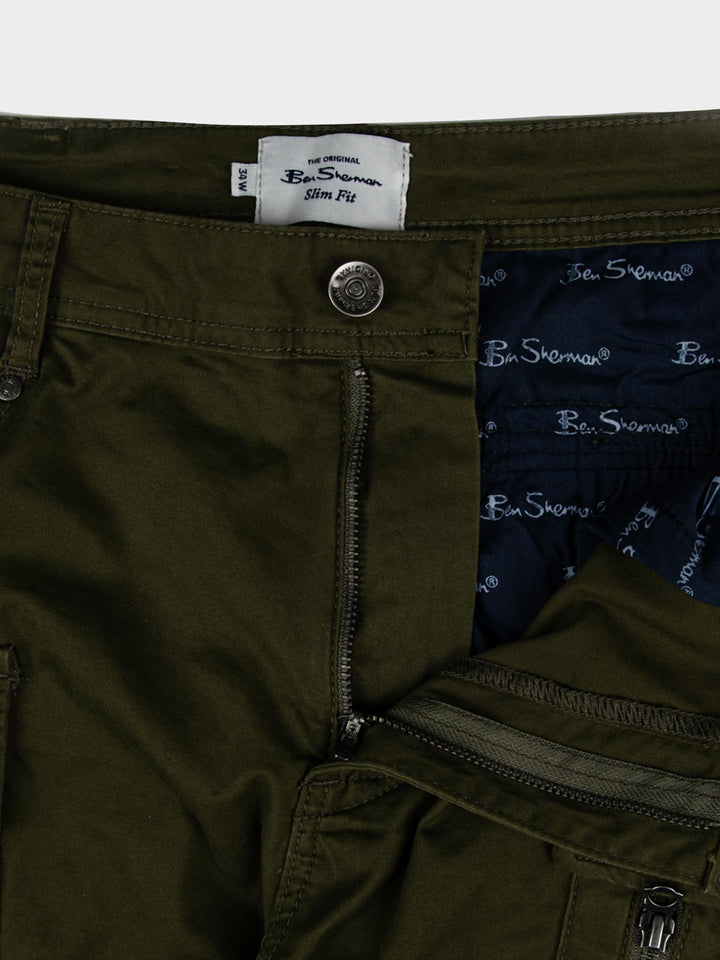 Ben Sherman olive cargo pants waistband detail showing branded labels and slim fit lining