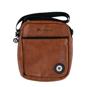 Ben Sherman Cross Body Bag in Tan with embossed target logo and front zip pocket