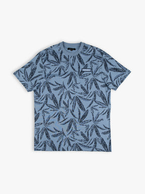 Cuba Libre Tee in Dove Blue – all-over leaf print, crew neck, short sleeve unisex T-shirt by Partisan and Co
