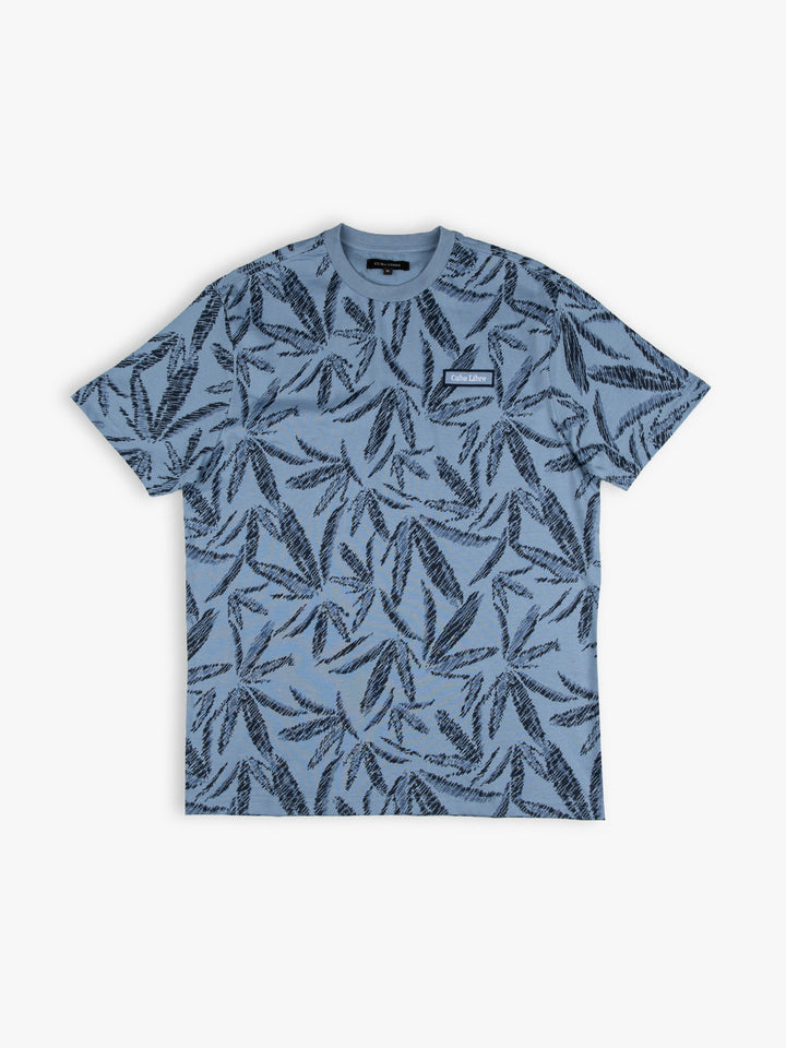 Cuba Libre Tee in Dove Blue – all-over leaf print, crew neck, short sleeve unisex T-shirt by Partisan and Co