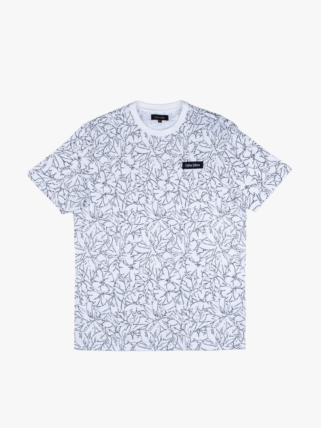 Cuba Libre Tee in White Leaf – all-over floral leaf print, crew neck, short sleeve unisex T-shirt by Partisan and Co