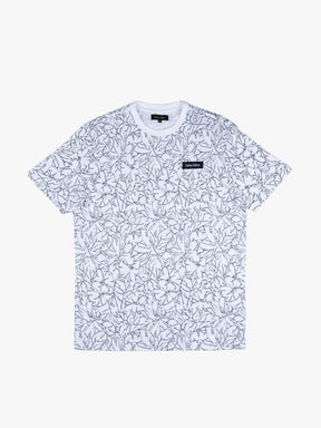 Cuba Libre Tee in White Leaf – all-over floral leaf print, crew neck, short sleeve unisex T-shirt by Partisan and Co