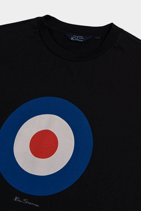 Ben Sherman Target Tee Black - Close-Up Detail of Mod Target Print and Ben Sherman Logo on Organic Cotton