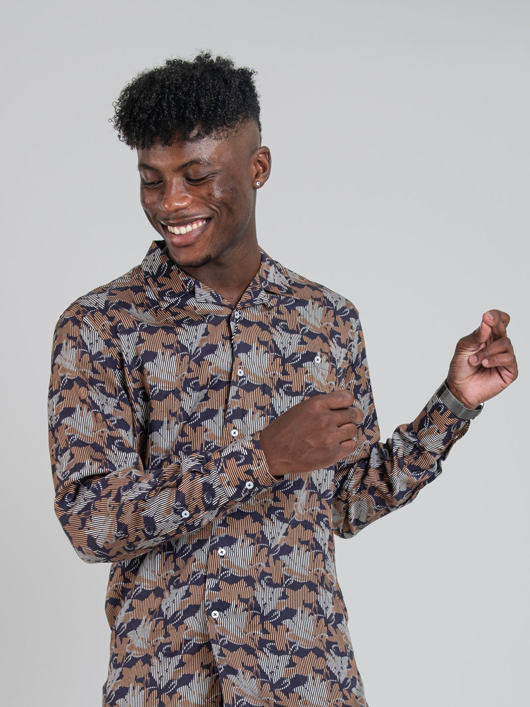 Mateo Tencel Print Long Sleeve Shirt - Walnut