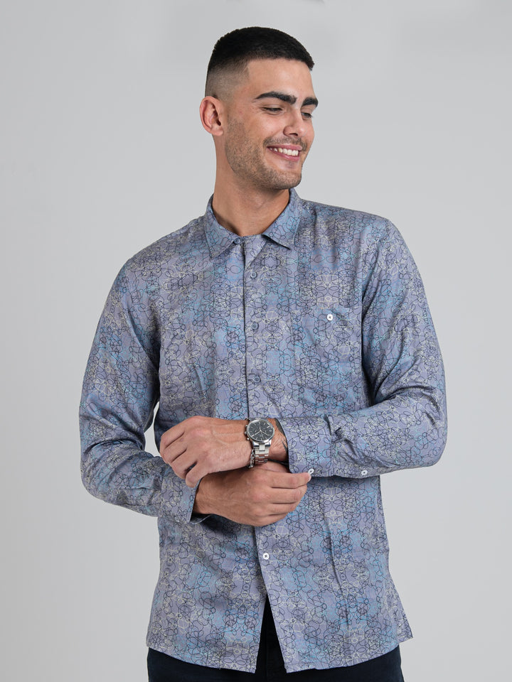 Javier Tencel Print Long Sleeve Shirt - Ash Grey