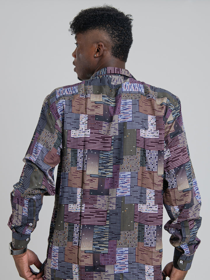 Hector Tencel Print Long Sleeve Shirt - Navy / Wine - view 2