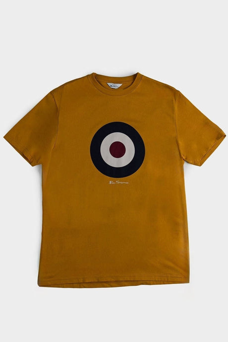 Ben Sherman Target Tee in Dijon Yellow – Flat lay product shot of men's cotton crew neck t-shirt with iconic target chest print