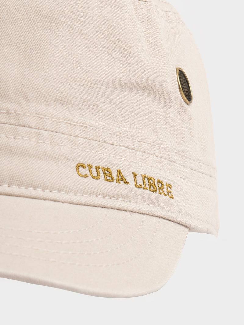 close up of Cuba Libre beige military-style cap with gold logo – men's casual headwear South Africa