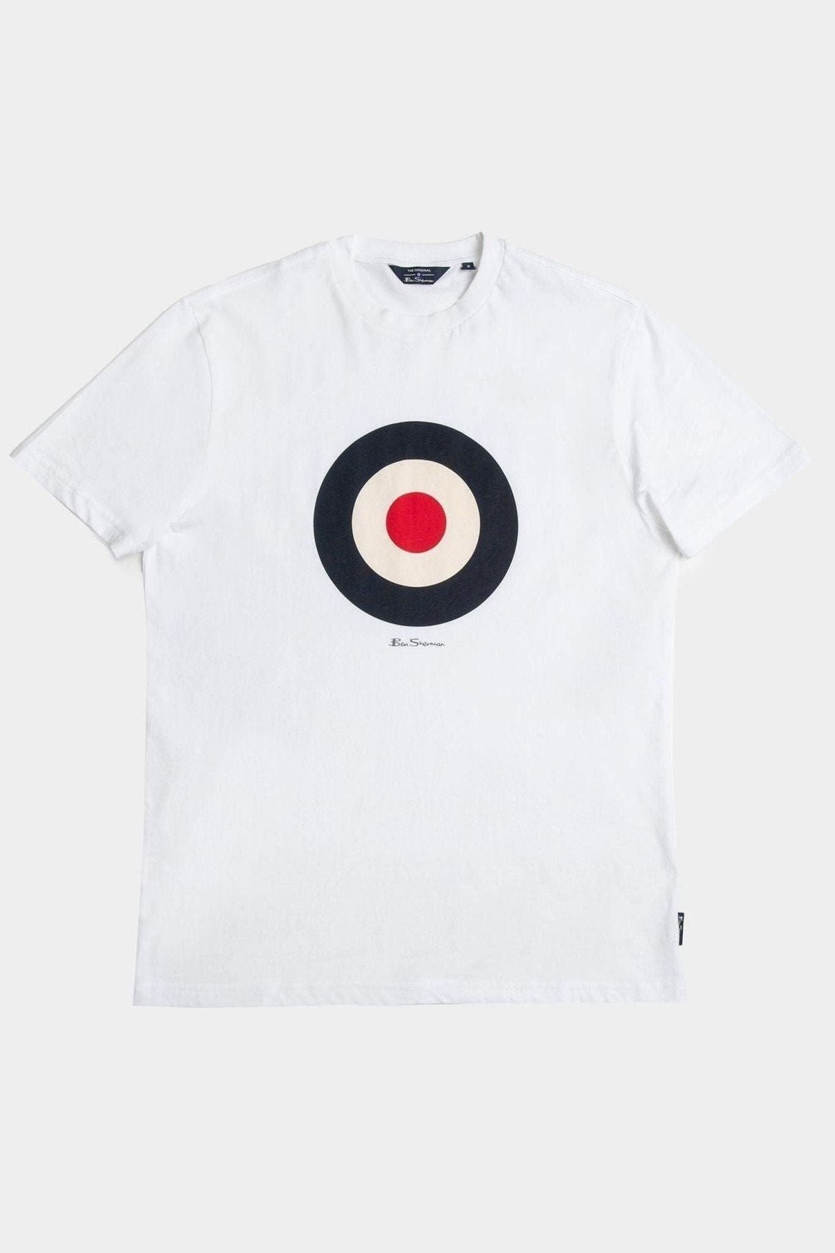 Ben Sherman White Target Tee - Flat Lay Ghost Mannequin View of White Crewneck T-Shirt with Target Print
