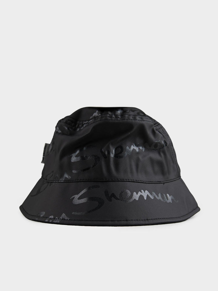 Ben Sherman reversible cotton bucket hat in Black – back view showing all-over script print and hat crown construction