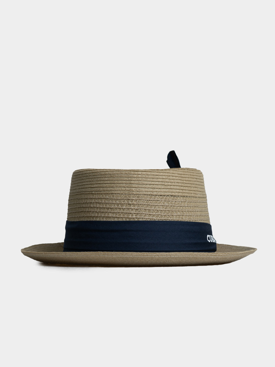 Cuba Libre Beige Pork Pie Straw Hat - side profile view showing flat crown and narrow brim with navy band