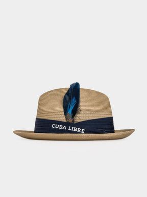 Cuba Libre Fedora Straw Hat in Beige - handcrafted structured crown with wide brim, navy band and feather accent