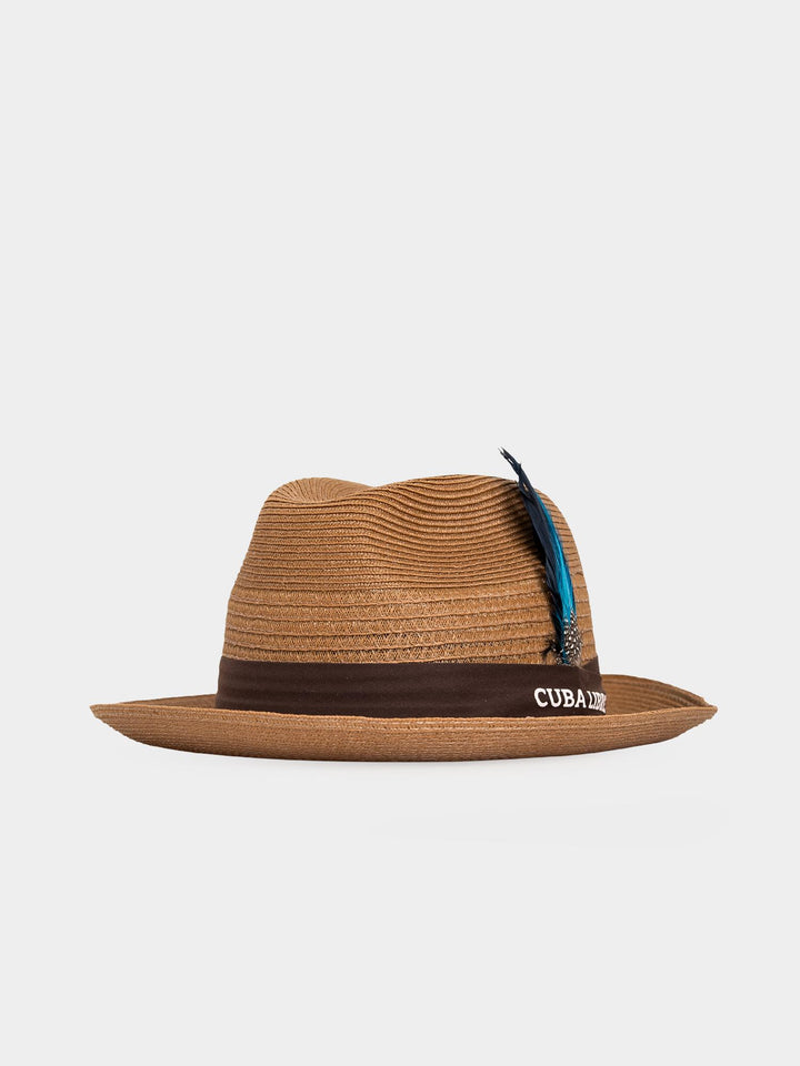 Cuba Libre Gold Straw Fedora Hat - side profile view showing wide brim and Cuba Libre band detail
