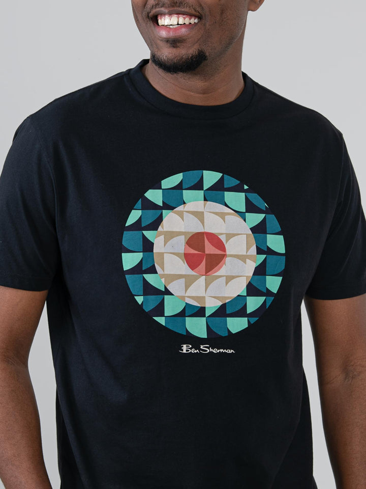 Close-up of Ben Sherman Geo Target T-Shirt in Black showing circular geometric print detail