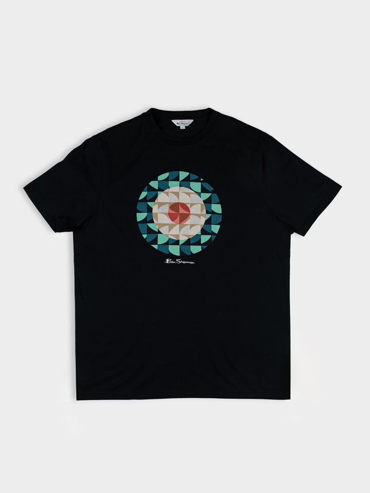 Ben Sherman Geo Target T-Shirt in Black — flat lay product shot with circular geometric print