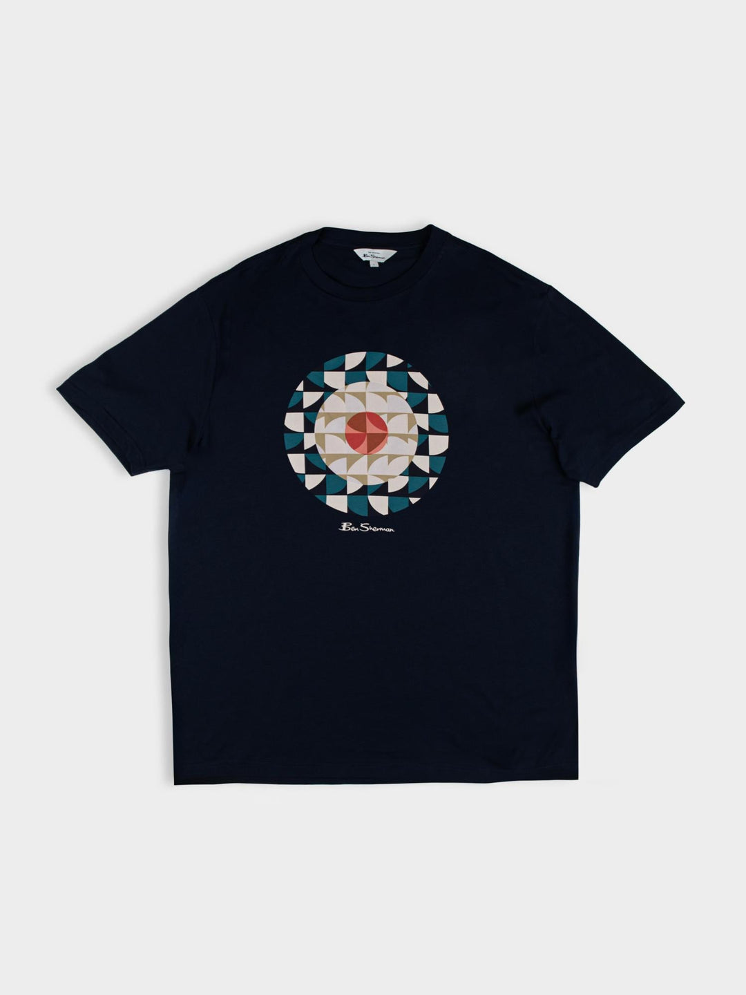 Ben Sherman Geo Target T-Shirt in Navy — flat lay product shot with circular geometric print