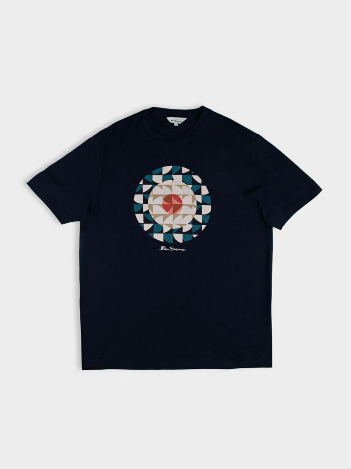 Ben Sherman Geo Target T-Shirt in Navy — flat lay product shot with circular geometric print