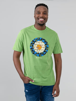 Man wearing Ben Sherman Geo Target T-Shirt in Piquant Green with bold circular geometric print