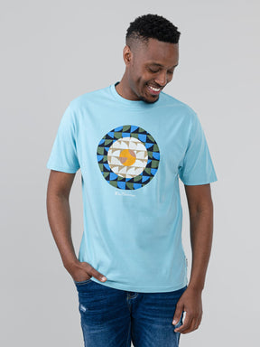 Man wearing Ben Sherman Geo Target T-Shirt in Retro Blue with bold circular geometric print