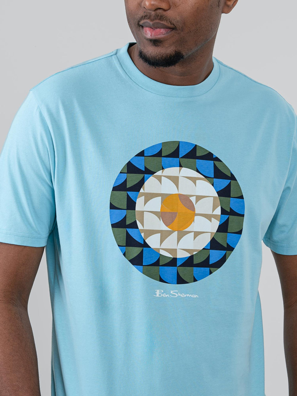 Close-up of Ben Sherman Geo Target T-Shirt in Retro Blue showing circular geometric print detail